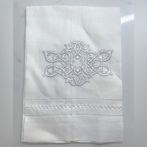 100% Linen White Hand Towel with pale grey Embroidery